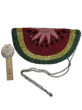 Beaded Watermelon Slice Clutch with Chain Crossbody in Red, Yellow & Green